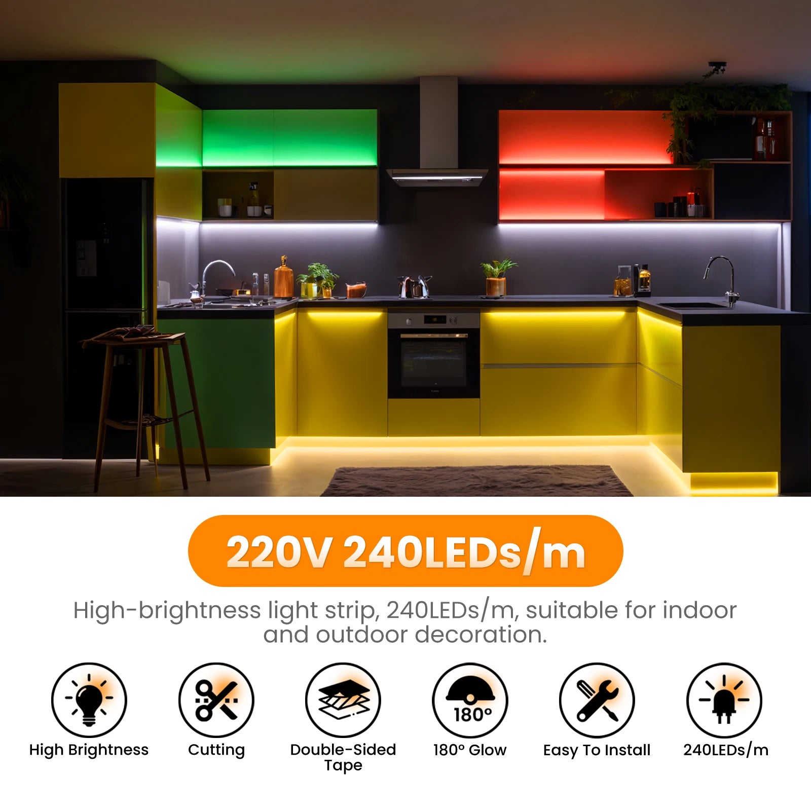 AC 220V COB Strip 240Leds/M 5M 10M 20M 50M/Roll Red/Green/Ice Blue/Pink/White/Purple Flexible Ribbon LED Light For Home Decor