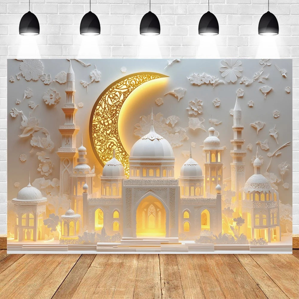 Eid Mubarak Ramadan Decoration Photography Background Islamic Muslim Mosque Moon Eid al Fitr Family Party Photo Backdrop Banner