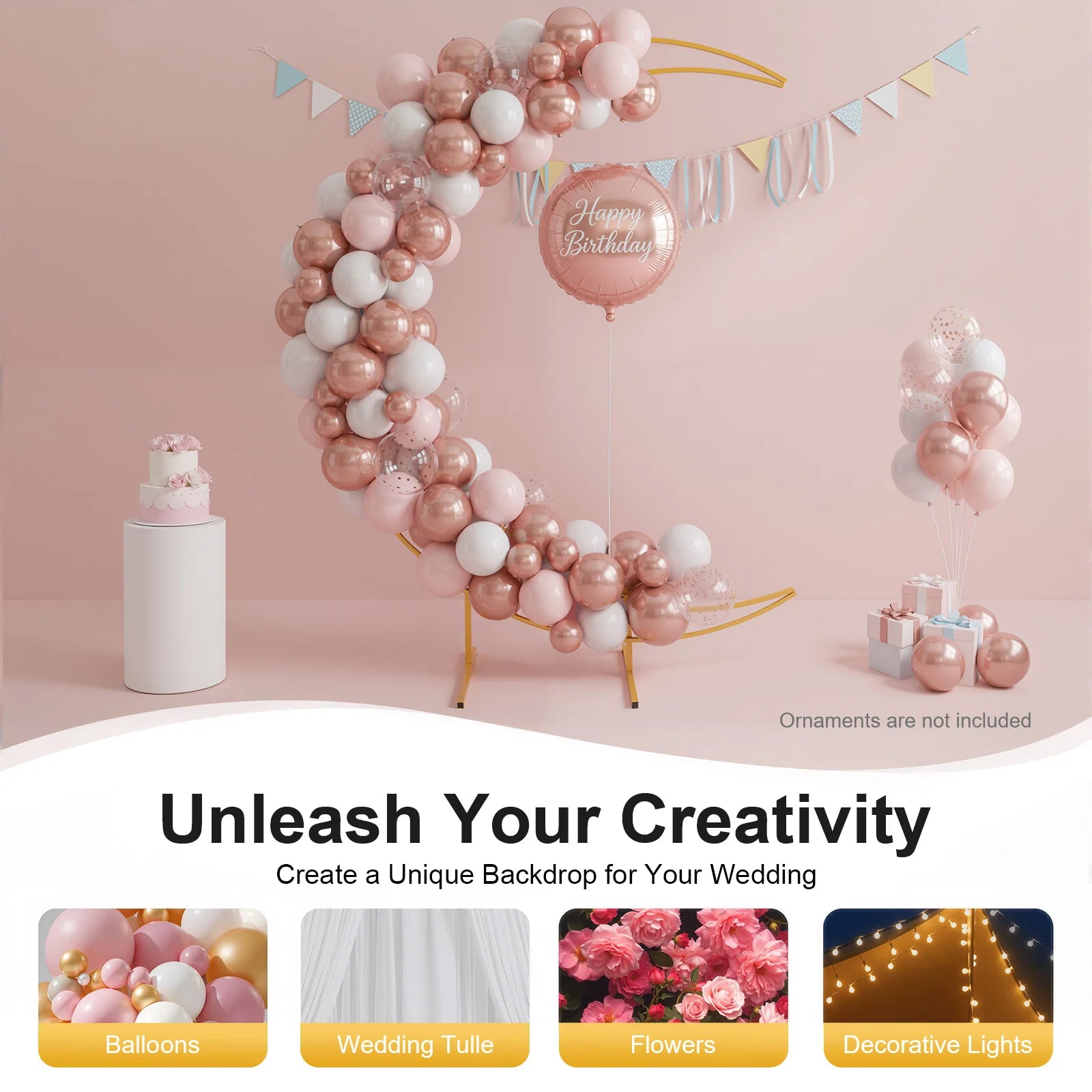 7ft Gold/White Metal Crescent Moon Wedding Arch Stand Curved Flower Balloon Frame 5kgLoad-bearing Capacity Plant Climbing Stand