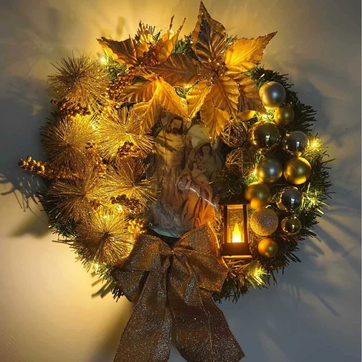 30cm Christmas Wreath With Lantern Front Door Garland With Large Bow Seasonal Ornament Christmas Decoration For Front Door Wall