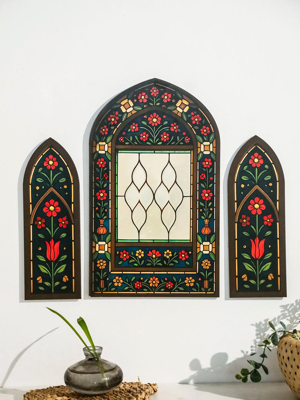 3pcs Islamic Arch Window Style Wall Hanging Floral Pattern Decor Wall Stickers for Ramadan & Eid Home Decor Muslim Festival Gift