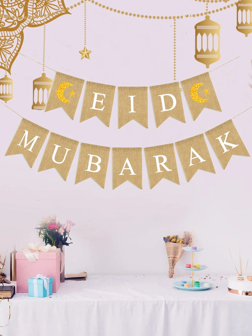 1set linen Eid Mubarak Banner Ramadan Kareem Banners Eid al-Fitr Decorations Star Moon Eid Mubarak Decorations Banners