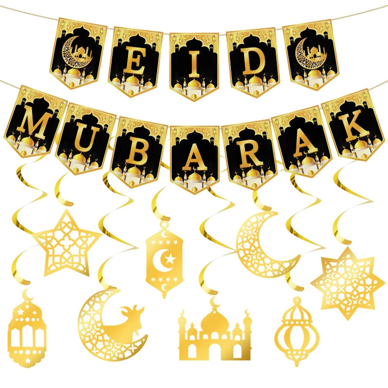 Eid Mubarak Paper Banner Garland 2026 Ramadan Moon Star Mosque Hanging Swirl Home Decoration Ornaments Islamic Muslim Party Gift
