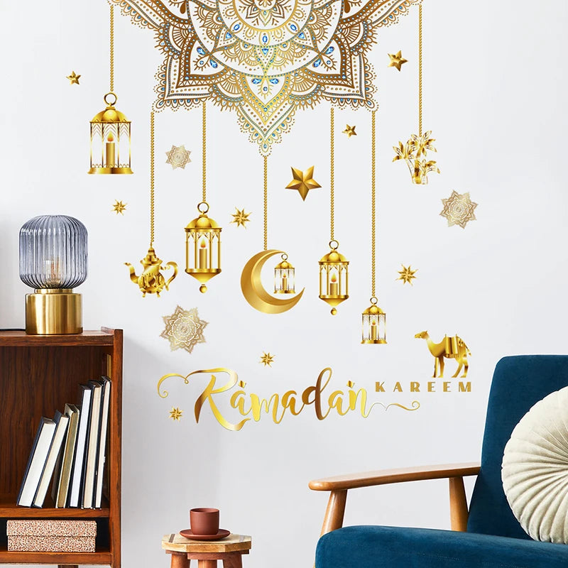 Eid Mubarak Wall Stickers Moon Star Lantern Ramadan Kareem Wall Decals Muslim Islamic Window Sticker Decorations for Home 2024