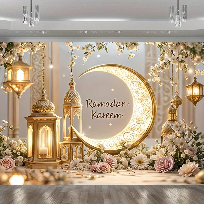 2D Ramadan Golden Crescent Moon Backdrops Eid Mubarak Party Decor Photography Background Banner Studio Photo Booth Props