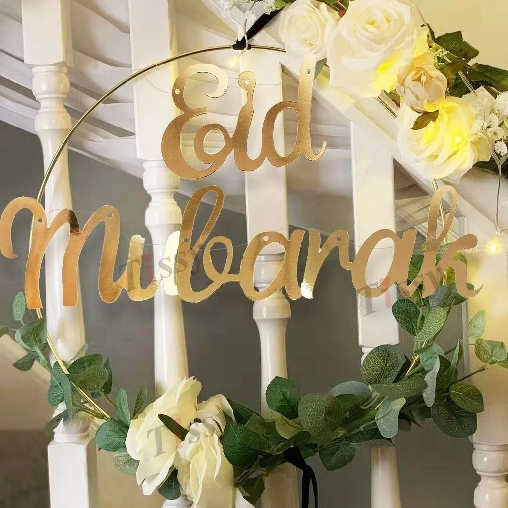 DIY Eid Mubarak Wreaths with Artificial Flower Leaves for Ramadan Kareem Islam Party Decoration Muslim Home Wall/Door Decor