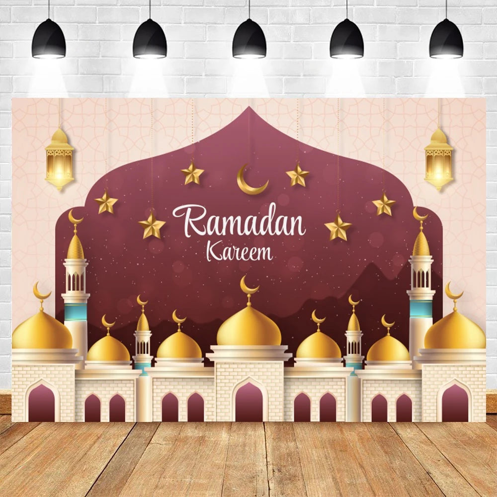 Ramadan Kareem Photography Backdrop EID Mubarak Islamic Mosque Lamps Moon Star White Cloud Photo Background Studio Poster Decor