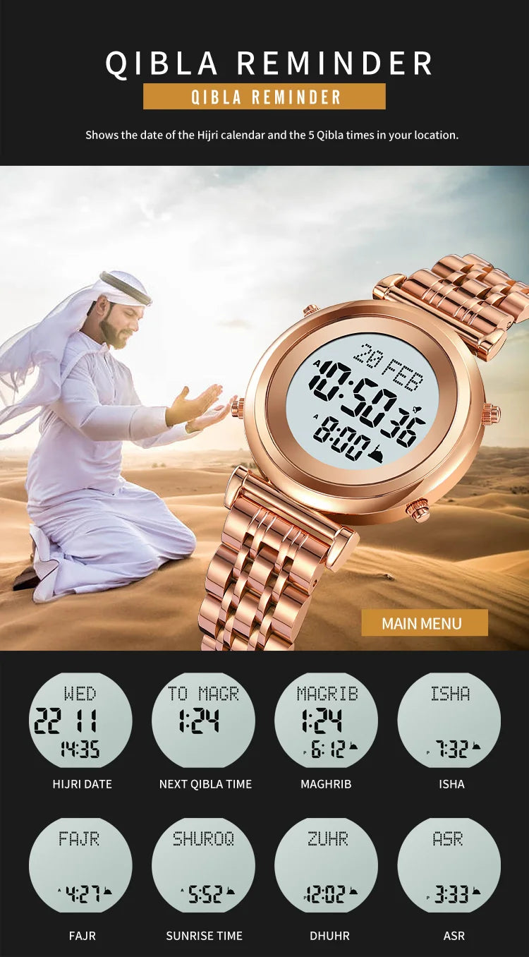 Muslim Azan Digital Watch Mens Back Light Waterproof Steel Hijri Islamic Wristwatch Prayer Qibla Compass Alarm Clock