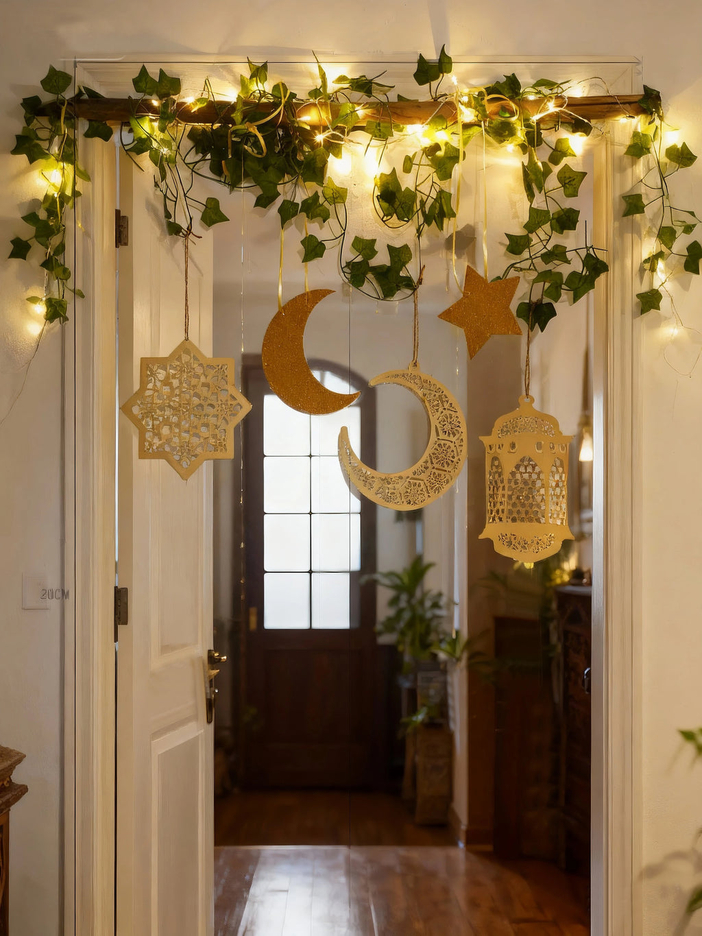 Ramadan Doorway Decor Golden Moon Star Lantern Hanging Ornaments with LED String Islamic Eid Festival Home Entrance Party Gifts