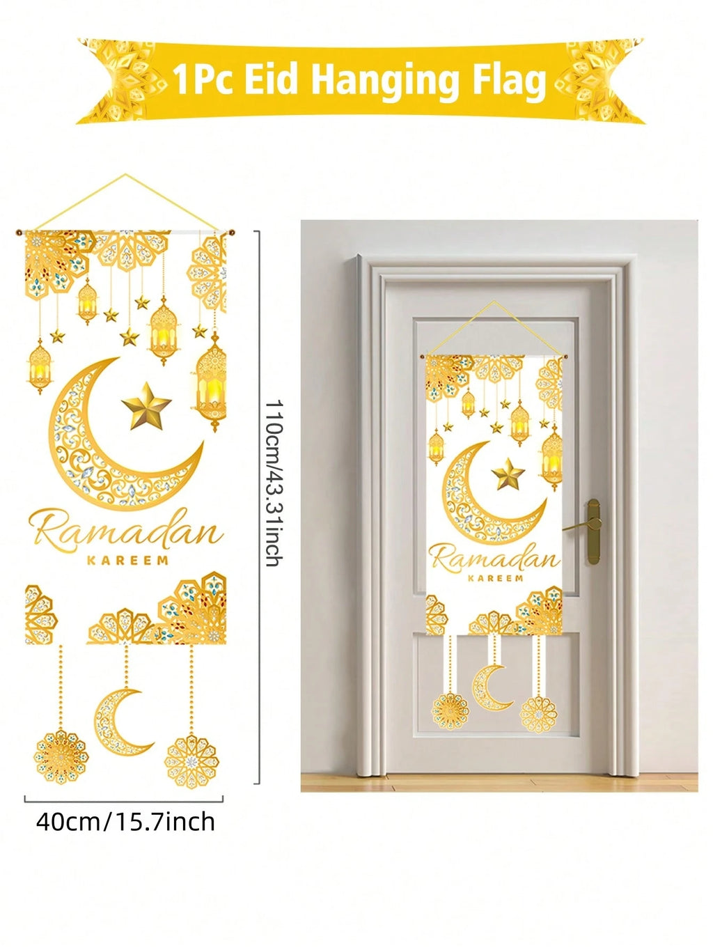 1Pc Ramadan Kareem Decorative Door Hanging Golden Star and Moon Lantern Flag Muslim Festival Party Decoration Banner Home Doorway Decorative Cloth