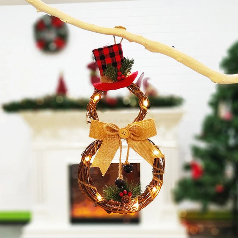Christmas Snowman Wreath Garland Led Light Door Decoration Artificial Home Window Wall Background Door Hanging Luminous Ornament