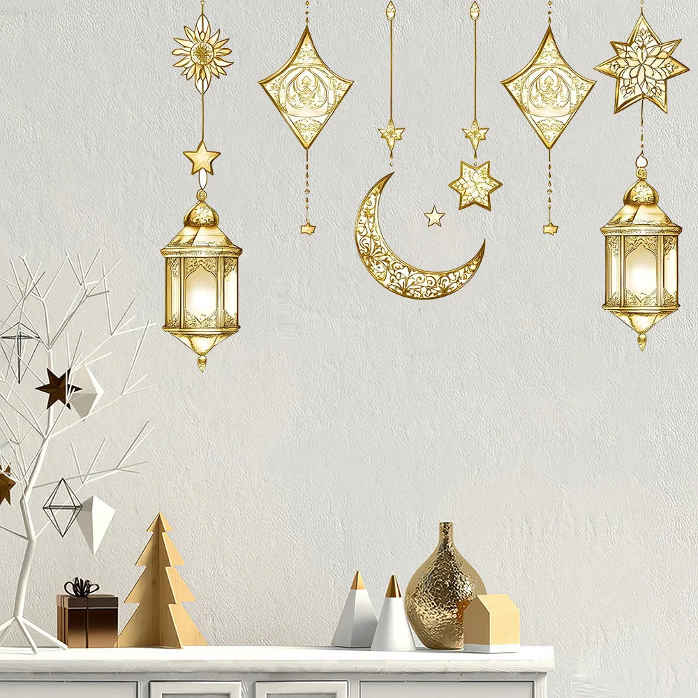 Eid Mubarak Wall Stickers Star Moon Lantern Ramadan Kareem Wall Decals Muslim Islamic Window Sticker Decorations