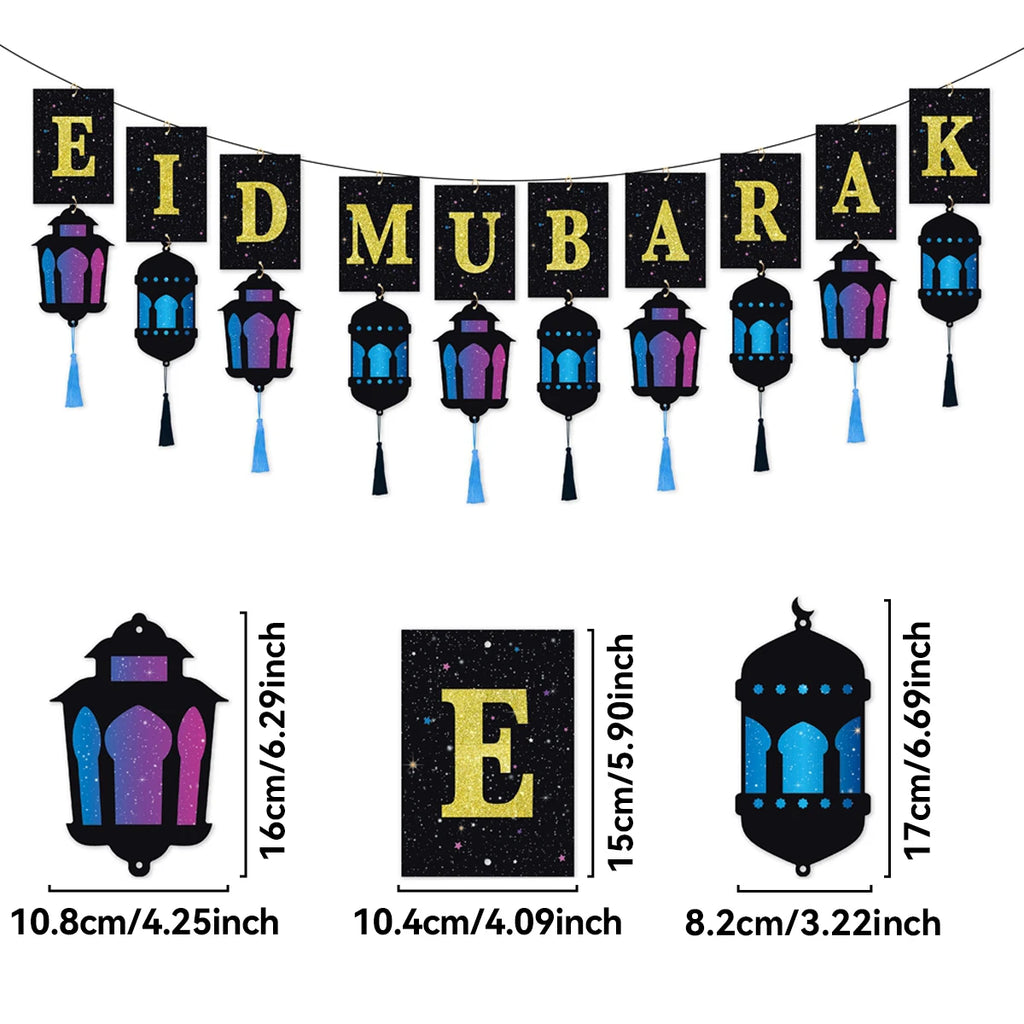 Eid Mubarak Banner with Lantern Tassels Ramadan Kareem Islamic Festival Party Decor Muslim Home Wall Hanging for Eid Adha Gifts
