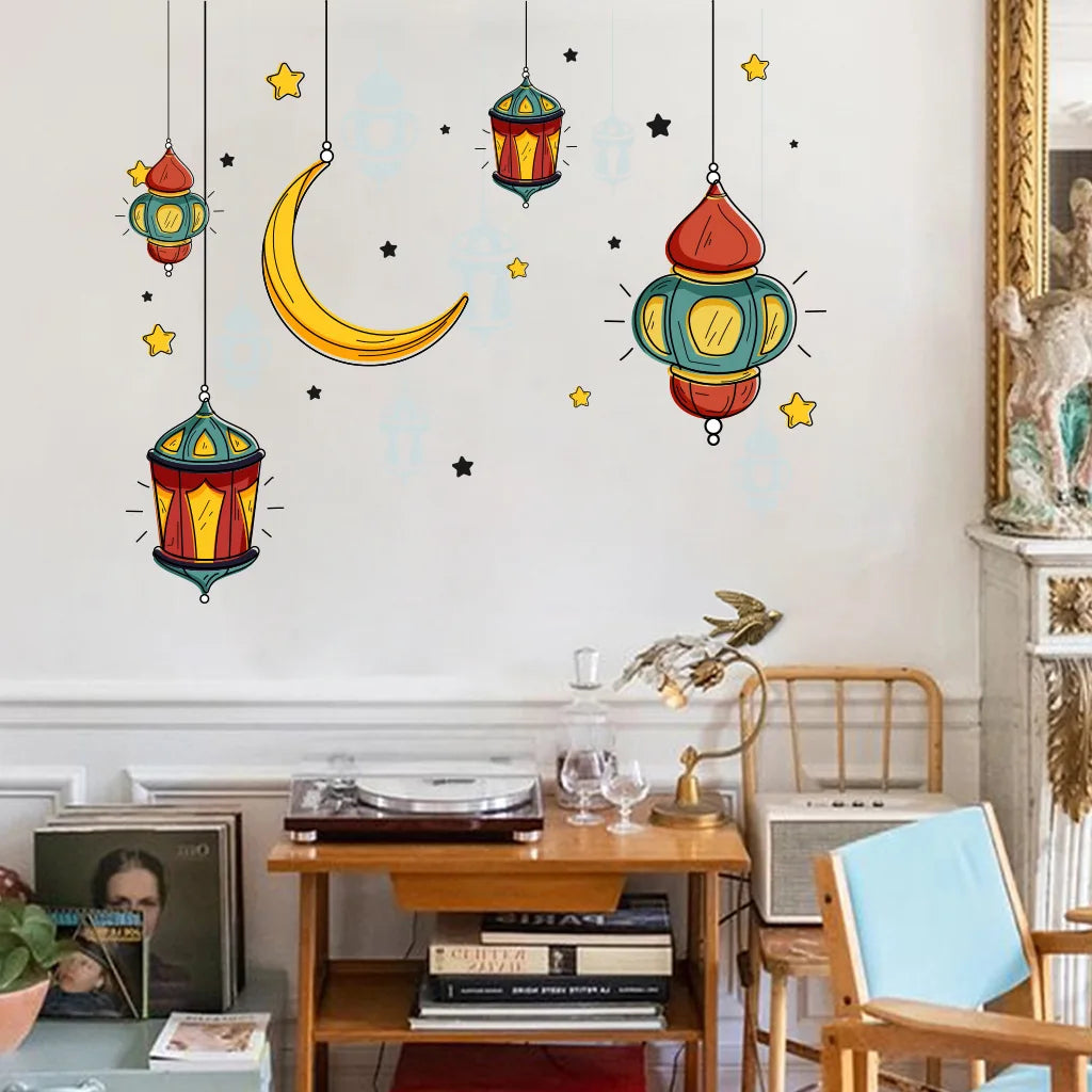 Ramadan Kareem Moon Star Lantern Wall Decal Eid Mubarak Decorations for Home Wall Window Sticker Muslim Islamic Party supplies