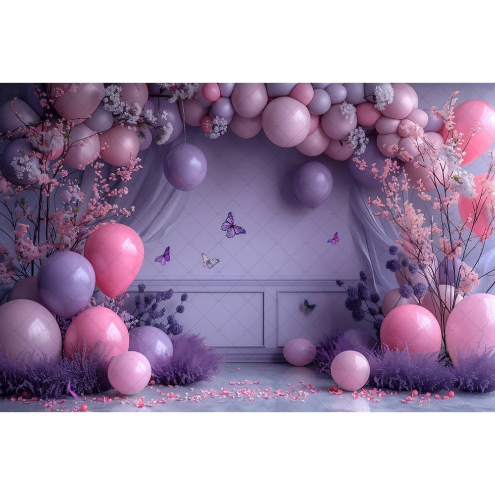 Birthday Photographic Backgrounds Baby Shooting Props Butterfly Purple Balloons Backdrops Photography Room Decorations Photozone