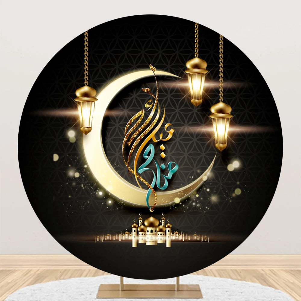 Eid al Fitr Mubarak Round Backdrop Cover Arab Ramadan Karim Golden Moon Star Cloud Lantern Party Decor Banner Photo Stall Props