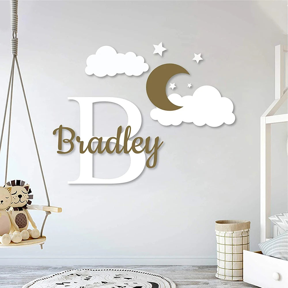 Custom Name Moon Star Cloud Wall Sticker Baby Nursery Kids Room Personalized Space Sky Decal Bedroom Playroom