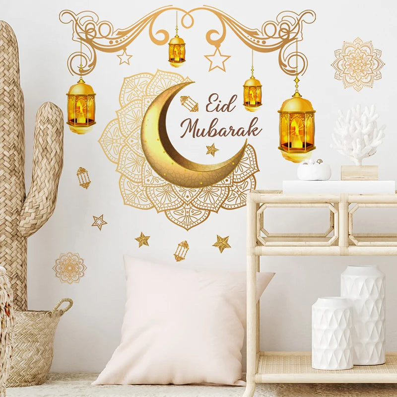 Eid Mubarak Wall Stickers Moon Star Lantern Ramadan Kareem Wall Decals Muslim Islamic Window Sticker Decorations for Home 2024