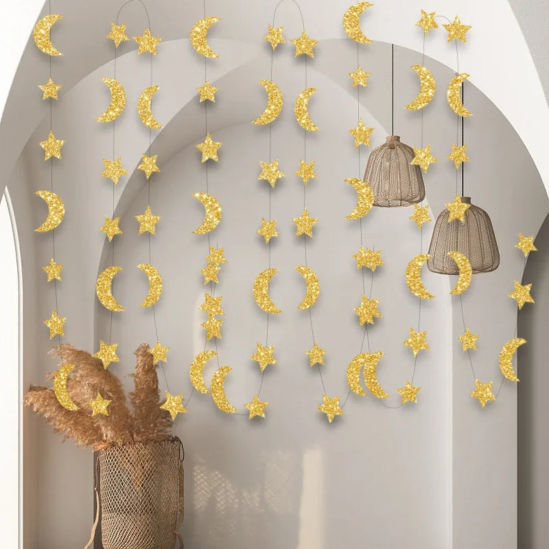 3M Moon Star Hanging Garlands Happy Eid Mubarak Day 2025 Ramadan Kareem Parti DIY Mid-Eastern Festival Home Muslim Party DIY