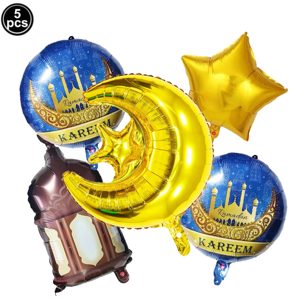 5pcs Eid Mubarak Balloons Decors Ramadan Lantern Moon Star Shape Moon Castle Pattern Foil Balloons Islamic Muslims Party Supplie