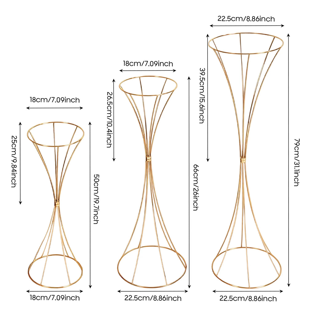 3PCS Hourglass-Shaped Golden Vase, Metal Wedding Centerpieces Vase, Flower Road Lead Stand for Table Wedding Party Banquet