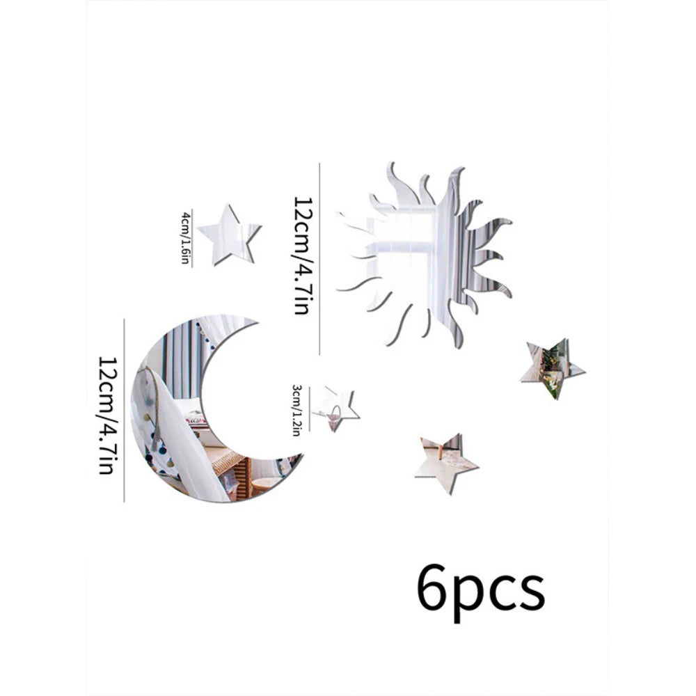 6PCS Star Moon Combination Mirror Acrylic Stereo Self Adhesive Diy Bedroom Living Room Can Be Removed Wall Stickers