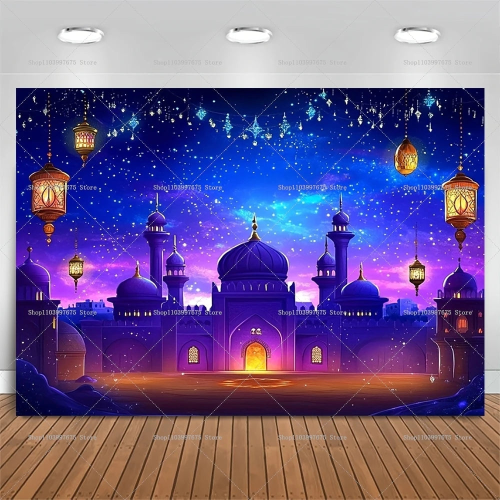 2D Arabian Starry Nights Islamic Palace Party Backdrops Eid Party Decorations Photography Background Banner Photo Booth Props