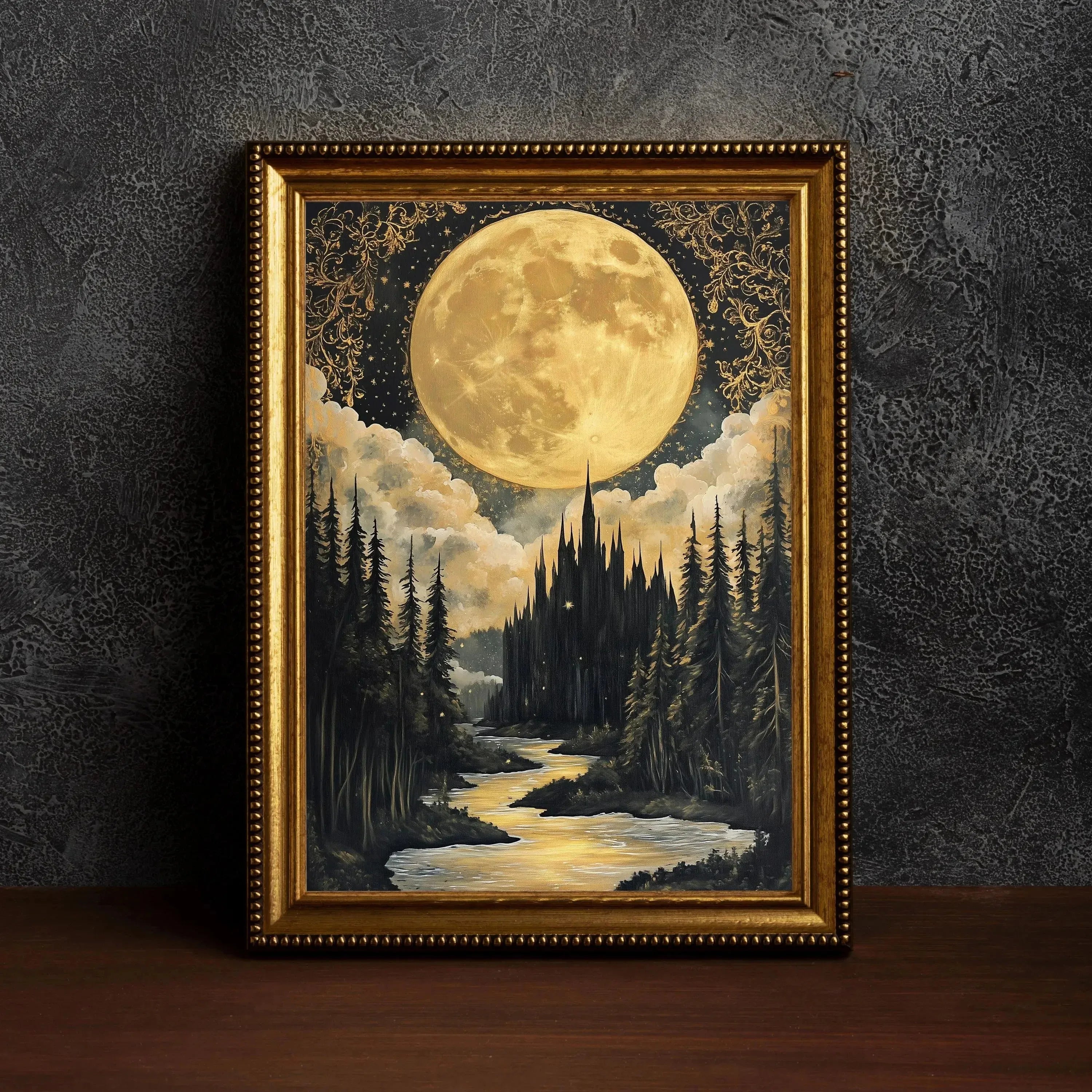 1pc Crescent Moon in Starry Night Sky Folk Art Floral Moon Stars Canvas Print Eclectic Decor Vintage Nature Wall Art Moody Decor