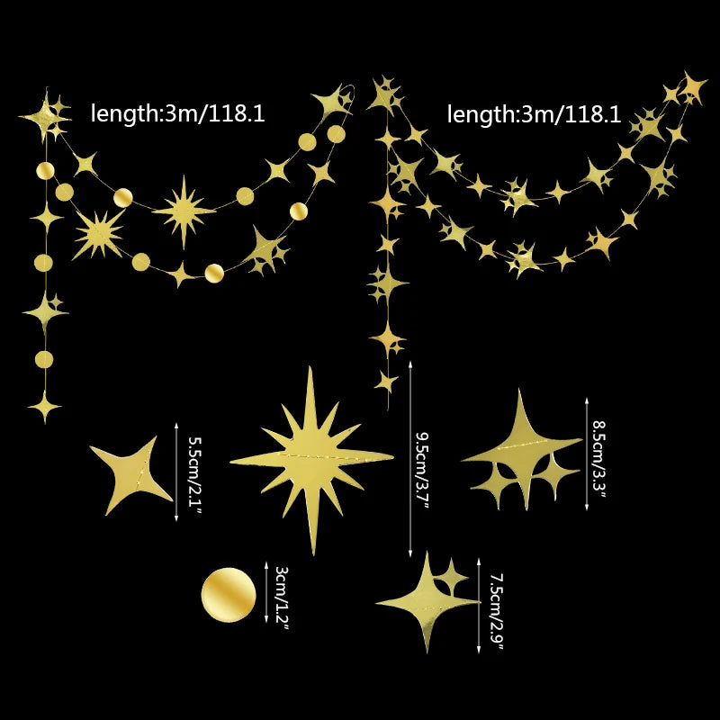 Gold Eid Mubarak Ramadan Decor Paper Star Moon Circle Dot Crescent Lamp Garland for Home Muslim Party Backdrop Banner Decoration