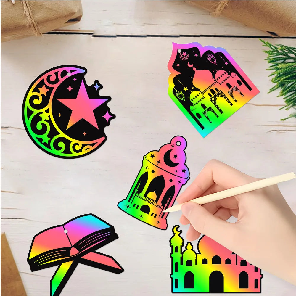 EID MUBARAK Scratch Painting DIY Scratch Card Moon Ornaments Xmas Tree Hanging Pendant EID MUBARAK Ramadan Decor