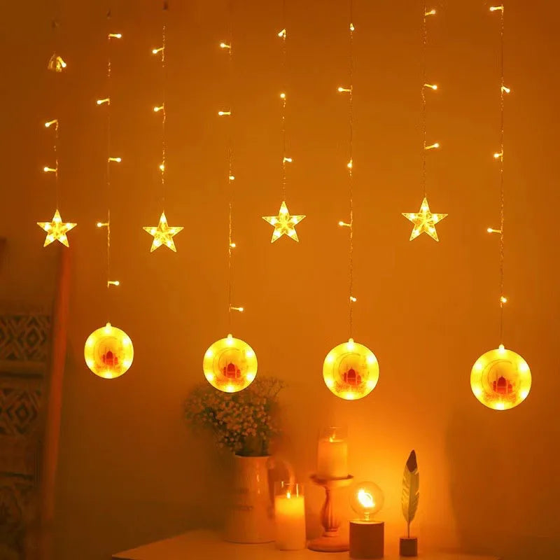 2026 Eid Al-Fitr Mubarak LED String Lights Moon Stars Curtain String Lights Islamic Ramadan Kareem Decoration for Home Garden