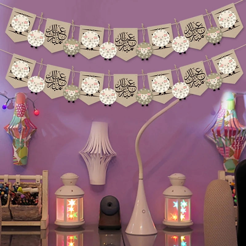 2024 EID Mubarak Paper Banner Bunting Garland Islamic Muslim Festival Party Supplies Ramadan Kareem Home Decoration Eid Gifts