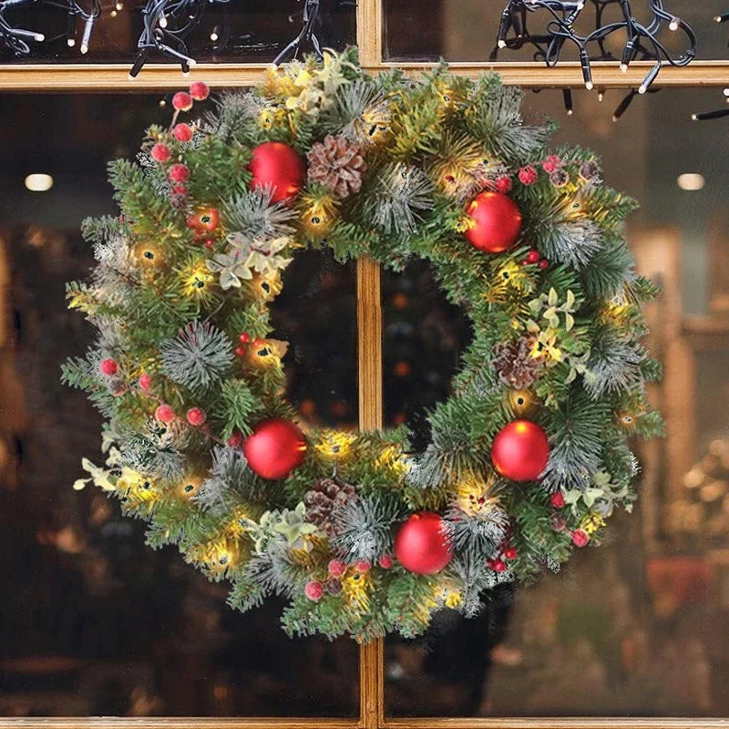 Christmas Wreaths For Front Door With String Lights 35/40cm Christmas Door Wreath With Artificial Pinecone Red Berry Home Decor