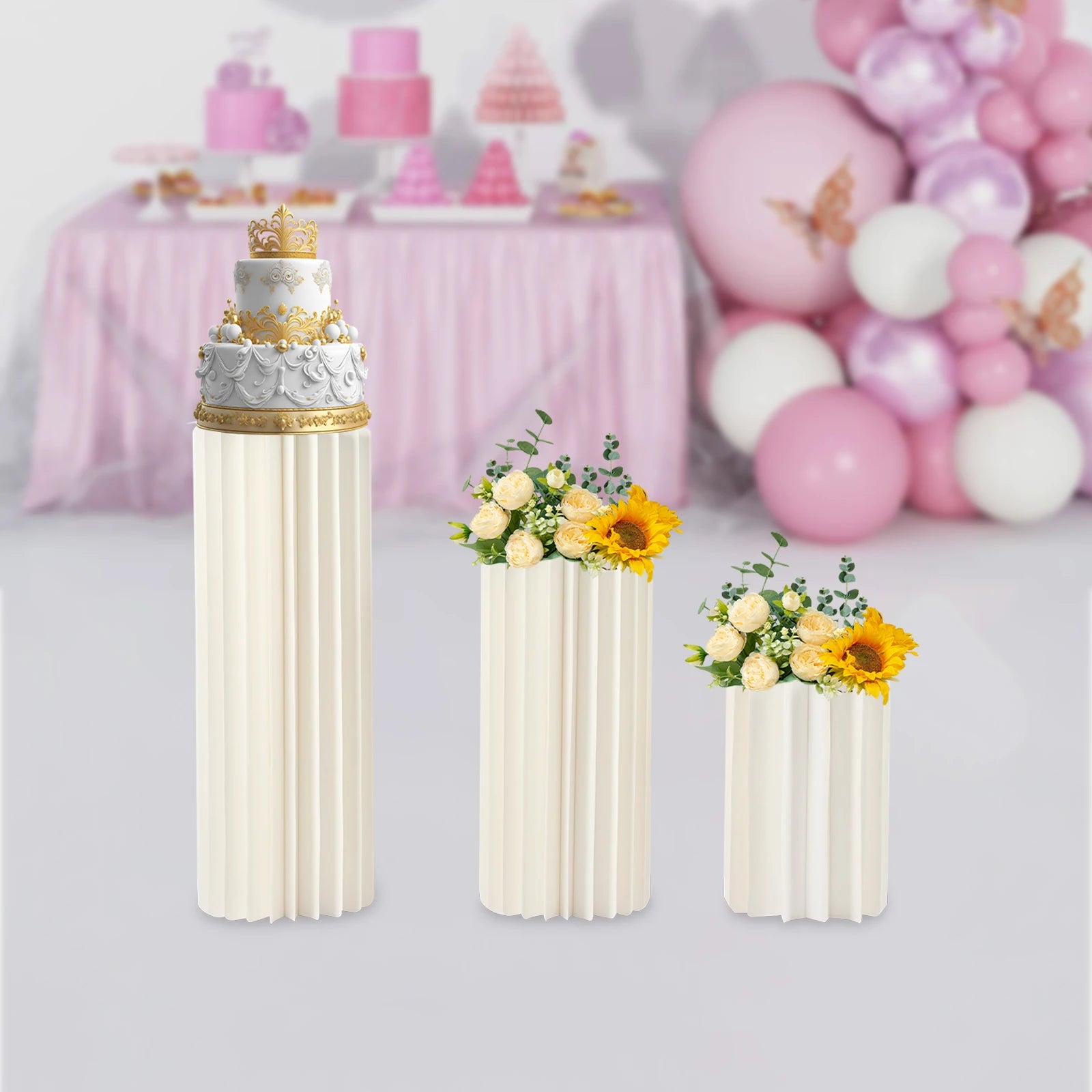 3Pcs Foldable Cardboard Flower Stands Wedding Centerpieces Cardboard Vases Round Pillars Pedestal Cake Stands for Wedding Party