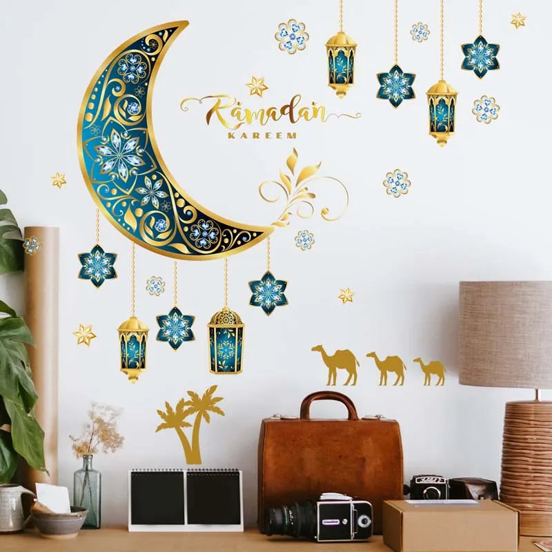 Ramadan Kareem Wall Stickers Moon Star Lantern Wall Decal 2024 Eid Mubarak Decorations for Home Muslim Islamic Party Decorations