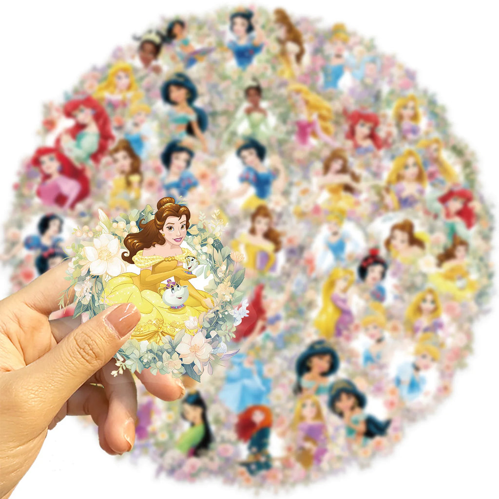 50PCS Disney Princess Flower PET Transparent Stickers Phone Scrapbook Guitar Laptop Suitcase Waterproof Sticker Toys Decals