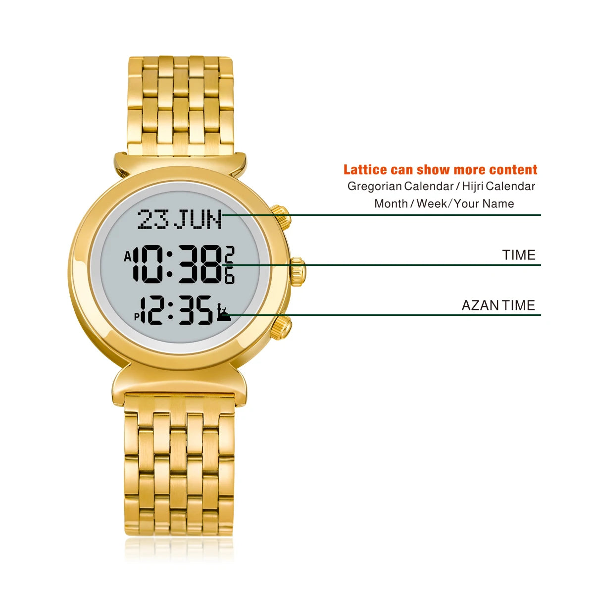 AL-FATIHA/AL SALAH Alloy Azan Watch Muslim Wristwatch With Backlight Hijri Calendar English Arabic Islamic