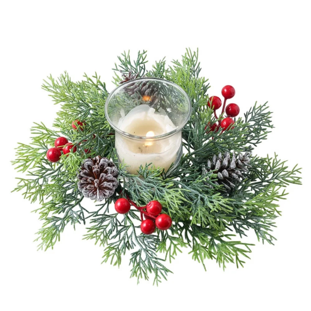 Red Berry Wreath Classic Candle Holder Decorative Ring Festive Pinecone Decoration For Table Decor Holiday Gathering Christmas