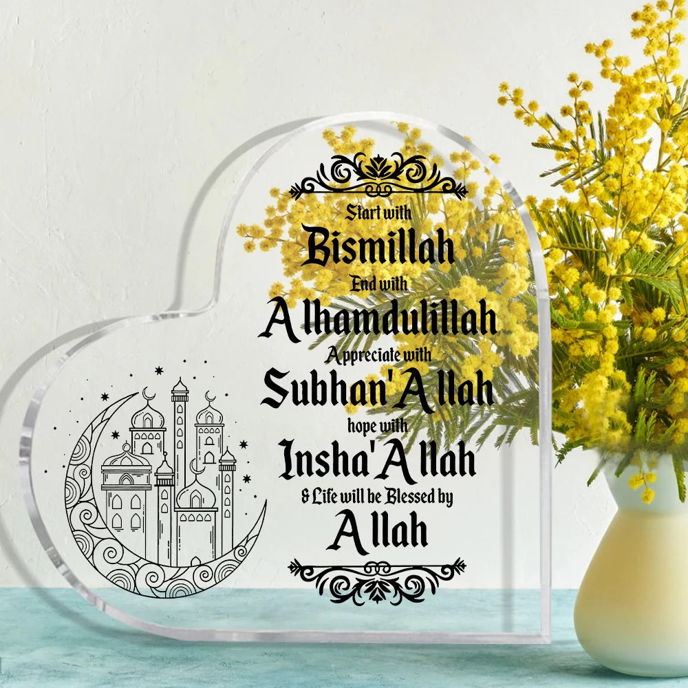 1pc Islamic Acrylic Desktop Decor Ornament - Heart Shaped Elegant Eid Mubarak Logo With Arabic Ramadan Theme