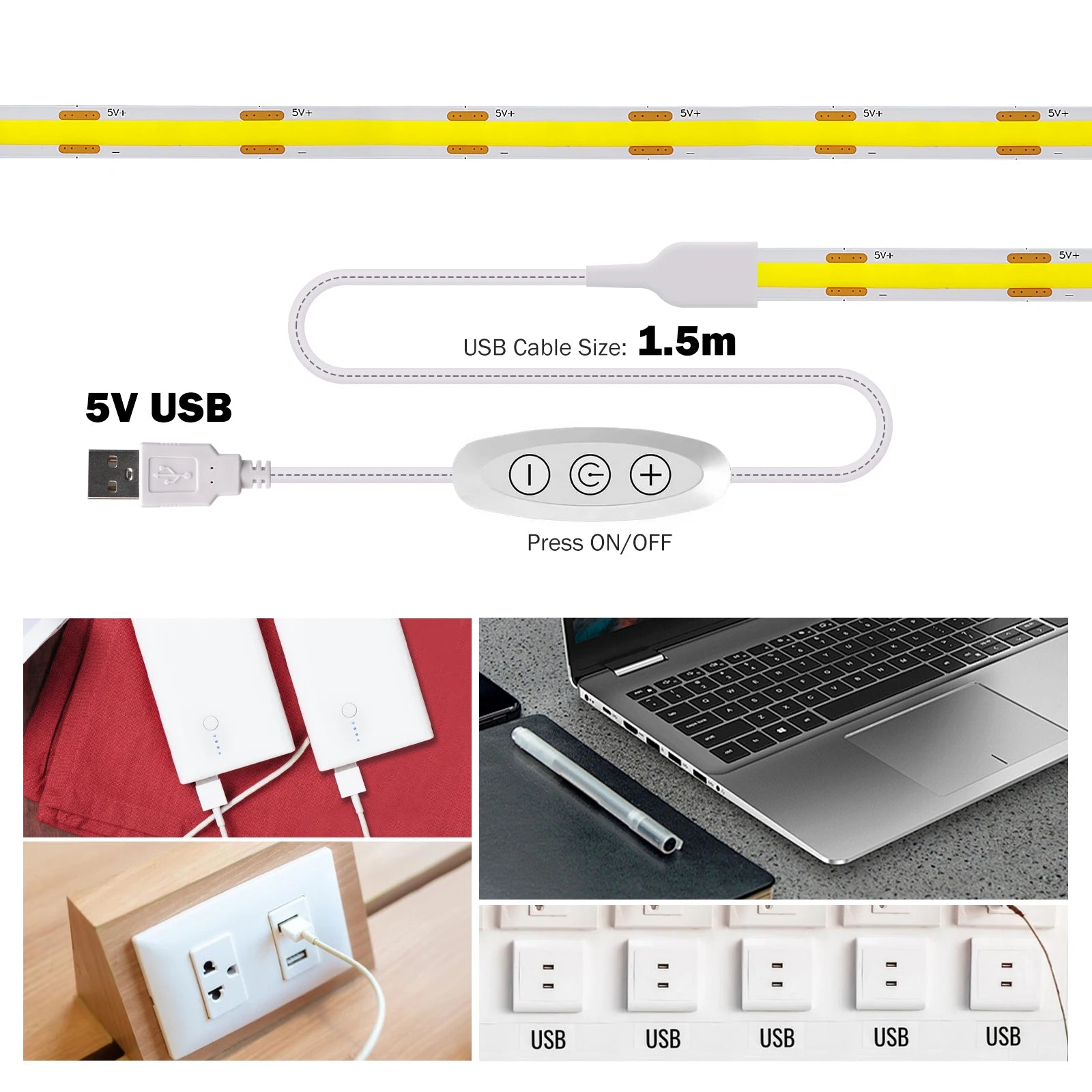 5V COB LED Light Strip With Touch Dimmer/ON OFF Switch/3Key Dimmer 320LEDs/M High Density LED Lamp Room Bar TV Backlight 9Colors