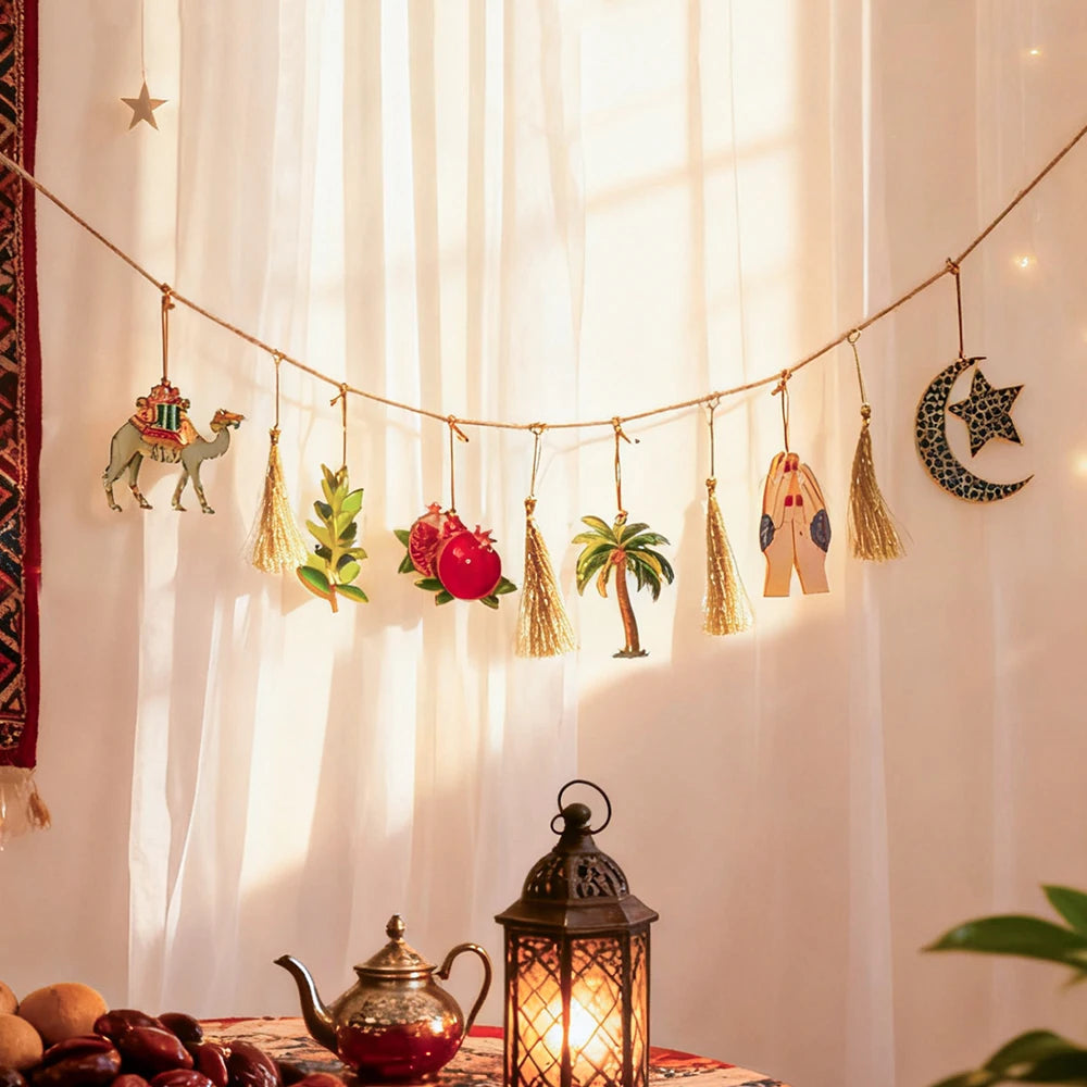Ramadan Kareem Hanging Garland Islamic Camel Pomegranate Palm Moon Star Decor for Muslim Festival Home Party Wall Ornament Gifts