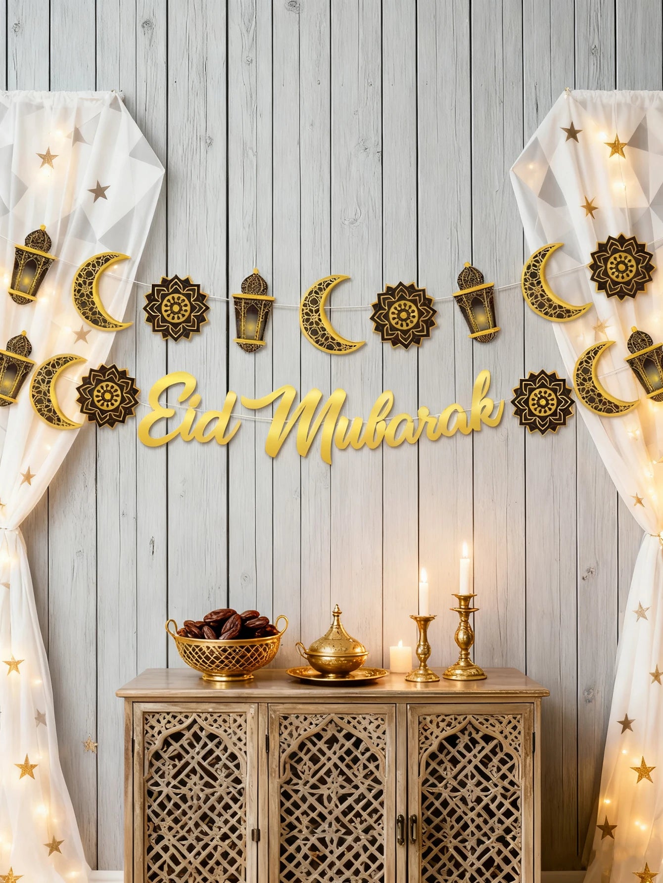 1pc Eid Mubarak Wall Hanging Golden Moon Lantern Floral Pattern Banner Festive Home Decor for Ramadan &Eid Party Decoration Gift
