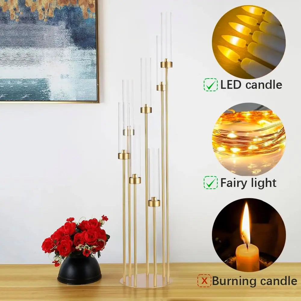 8PCS 7 Arm Candelabra Centerpieces for Wedding,Floor Candelabra Gold Candle Holders for Table Ceremony Dinner Party