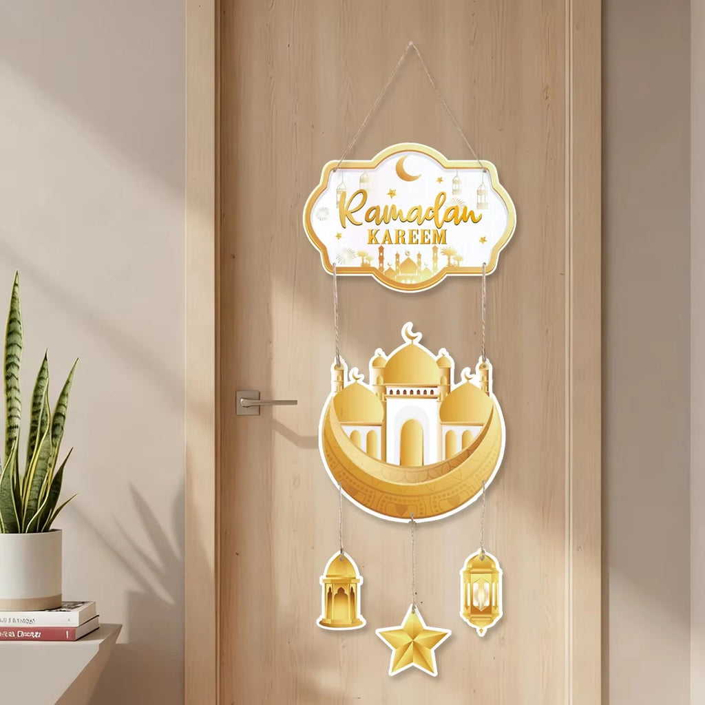 Lantern Welcome Sign Diy Ramadan Door Hanger Eid Mubarak Hanging Sign Gold Moon Castle Decoration For Islamic Festival Party