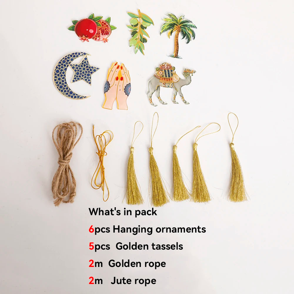 Ramadan Kareem Hanging Garland Islamic Camel Pomegranate Palm Moon Star Decor for Muslim Festival Home Party Wall Ornament Gifts