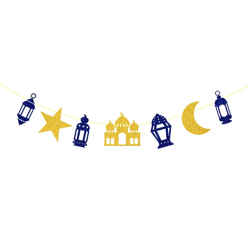EID Mubarak Banner Glitter Star Moon Letter Paper Bunting Garland Islamic Muslim Party Ramadan Kareem Decorations for Home 2026