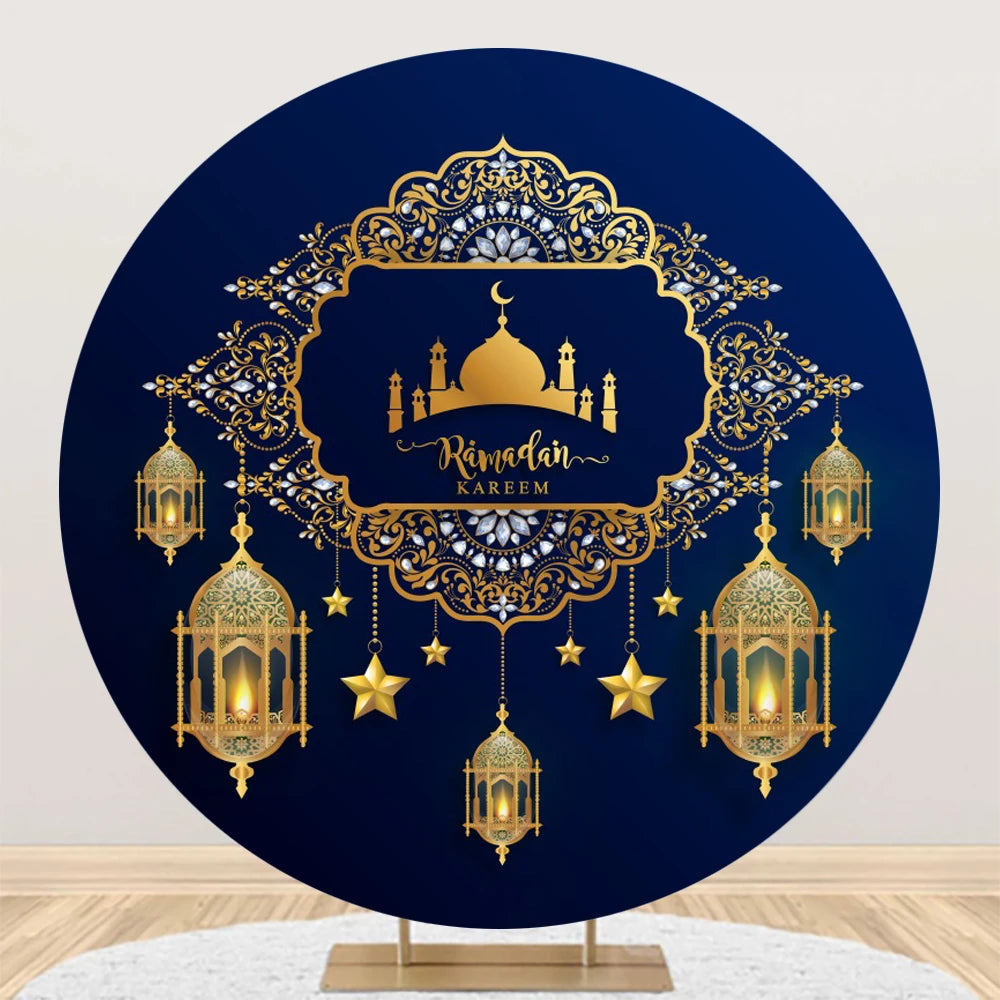 Eid al Fitr Mubarak Round Backdrop Cover Arab Ramadan Karim Golden Moon Star Cloud Lantern Party Decor Banner Photo Stall Props