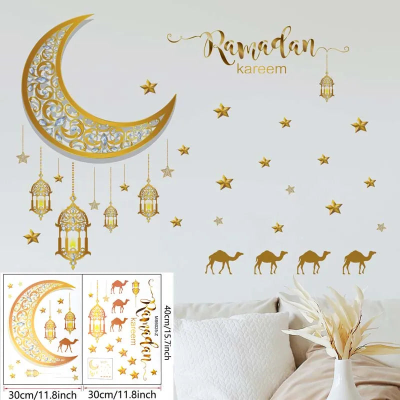 Ramadan Kareem Wall Stickers Moon Star Lantern Wall Decal 2024 Eid Mubarak Decorations for Home Muslim Islamic Party Decorations