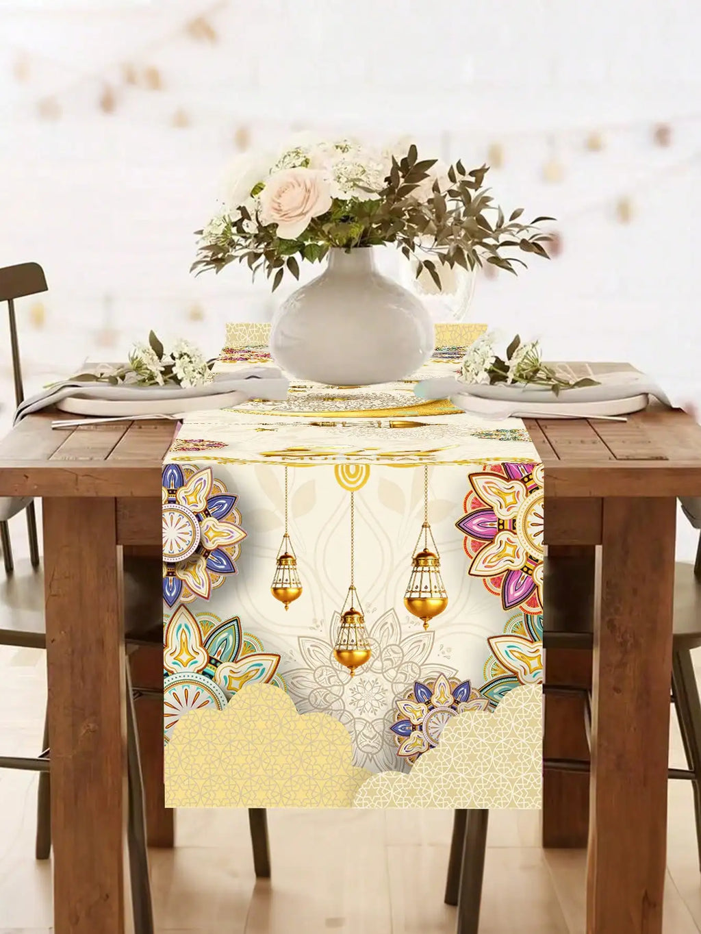 1Pc Eid Mubarak Decorative Table Runner, Gold Painted Star and Moon Table Runner, Muslim Holiday Party Table Runner, Long Tablecloth