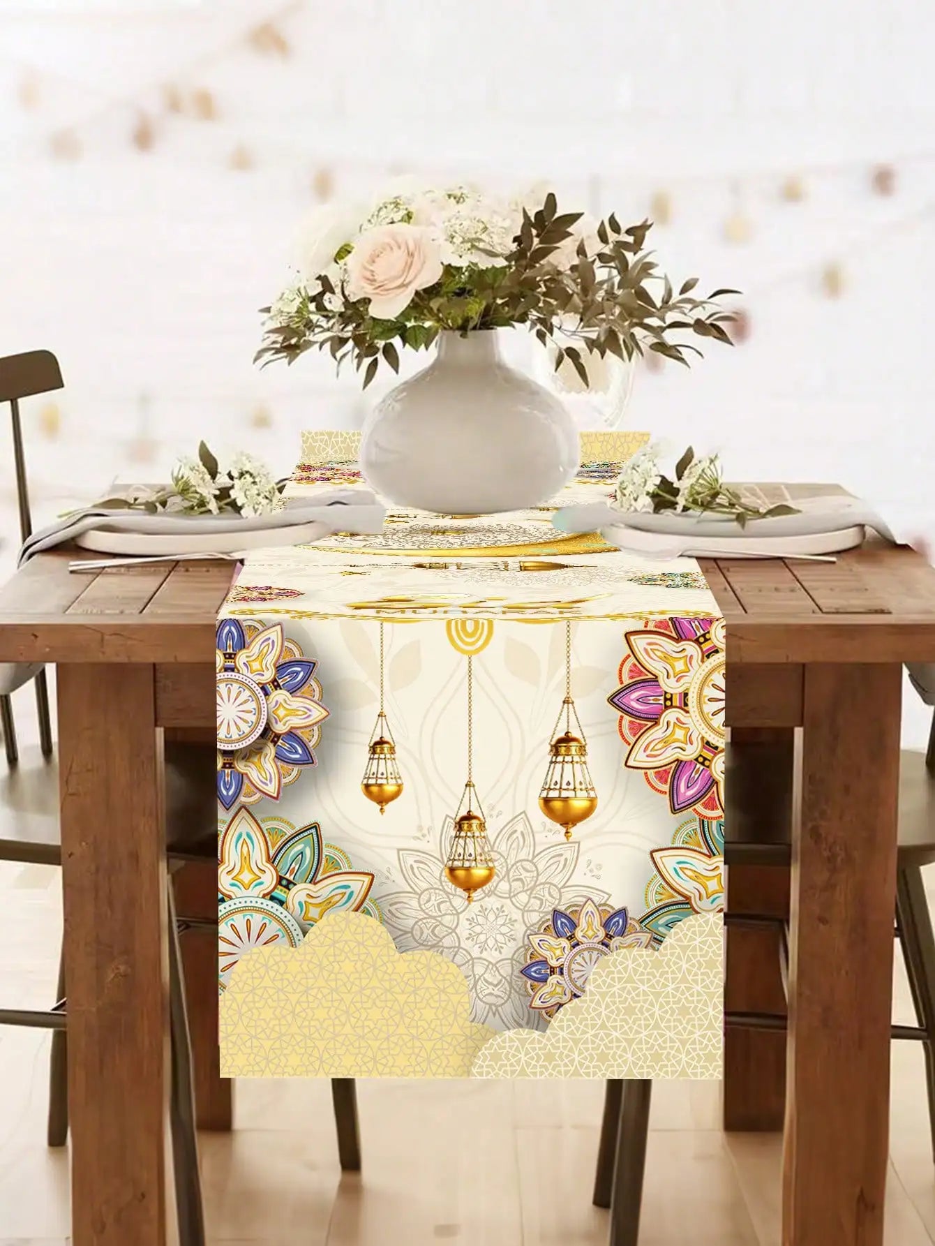1Pc Eid Mubarak Decorative Table Runner, Gold Painted Star and Moon Table Runner, Muslim Holiday Party Table Runner, Long Tablecloth